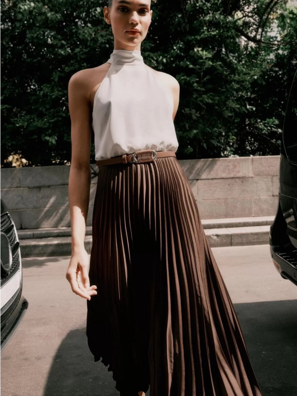 ZARA Halter Dress Pleated Maxi Sz S w/Tagged Belt Cream & Brown NWT Bridal RARE!